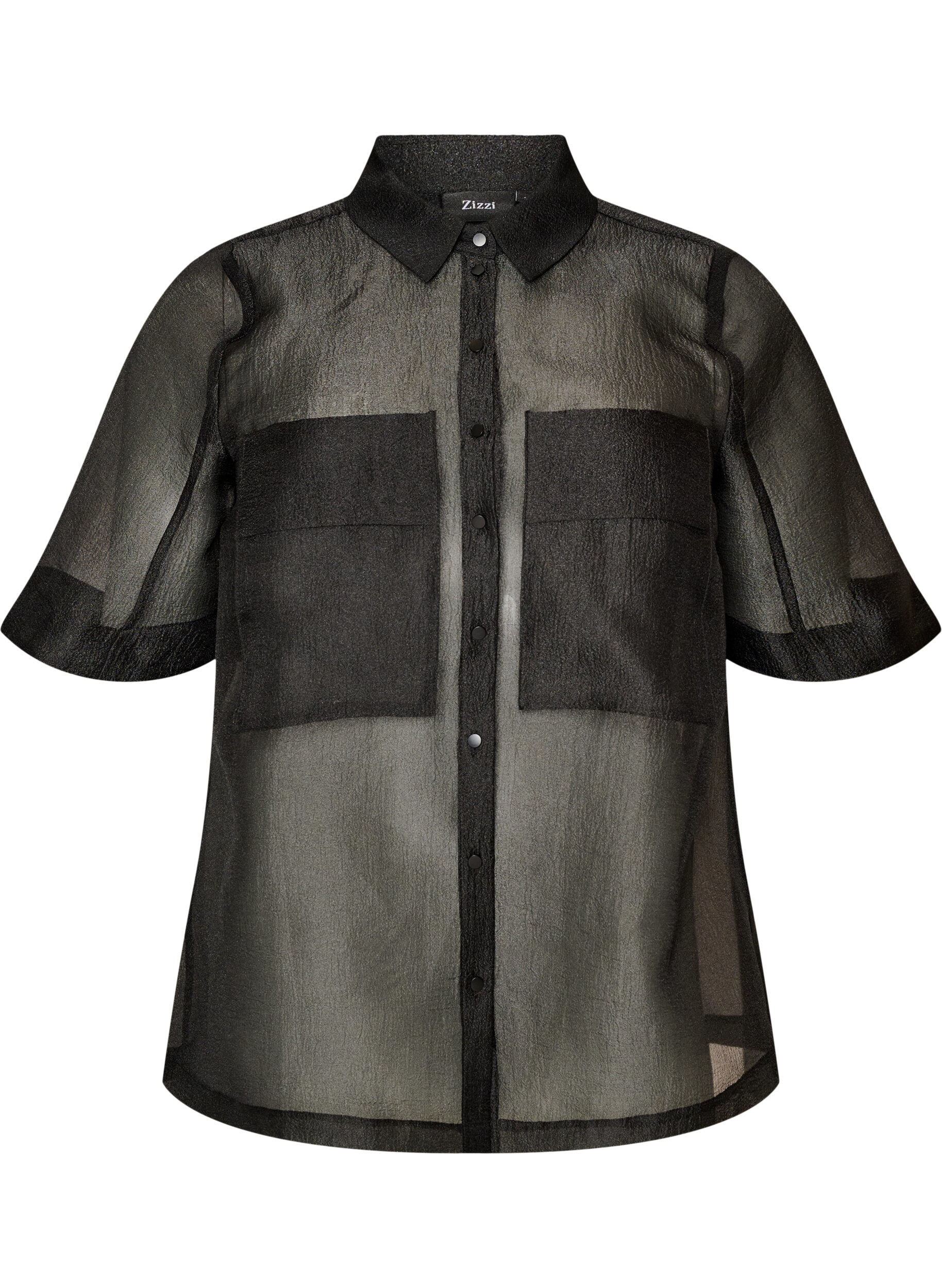 ZizzifashionSheer short-sleeved shirt with chest pockets, Black, Packshot image number 0