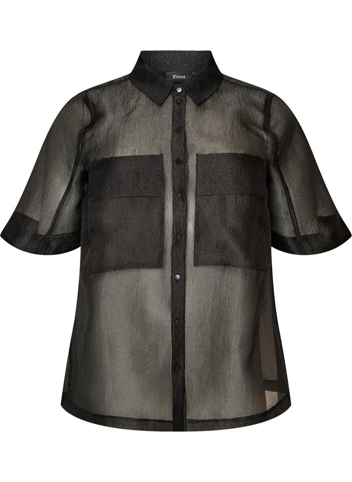 Sheer short-sleeved shirt with chest pockets, Black, Packshot image number 0