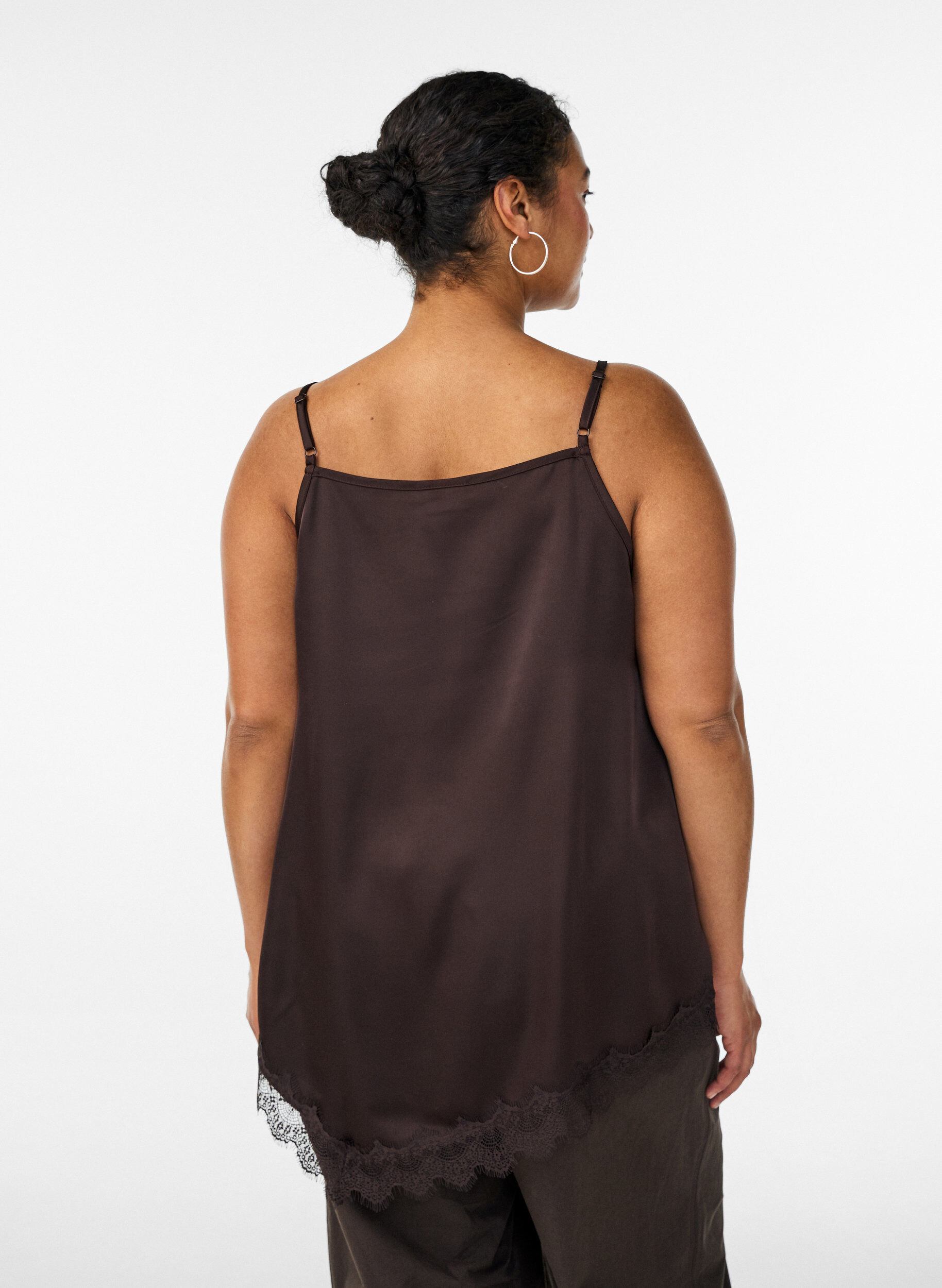Zizzifashion Satin top with lace trim and asymmetric hem, Brown, Model image number 2