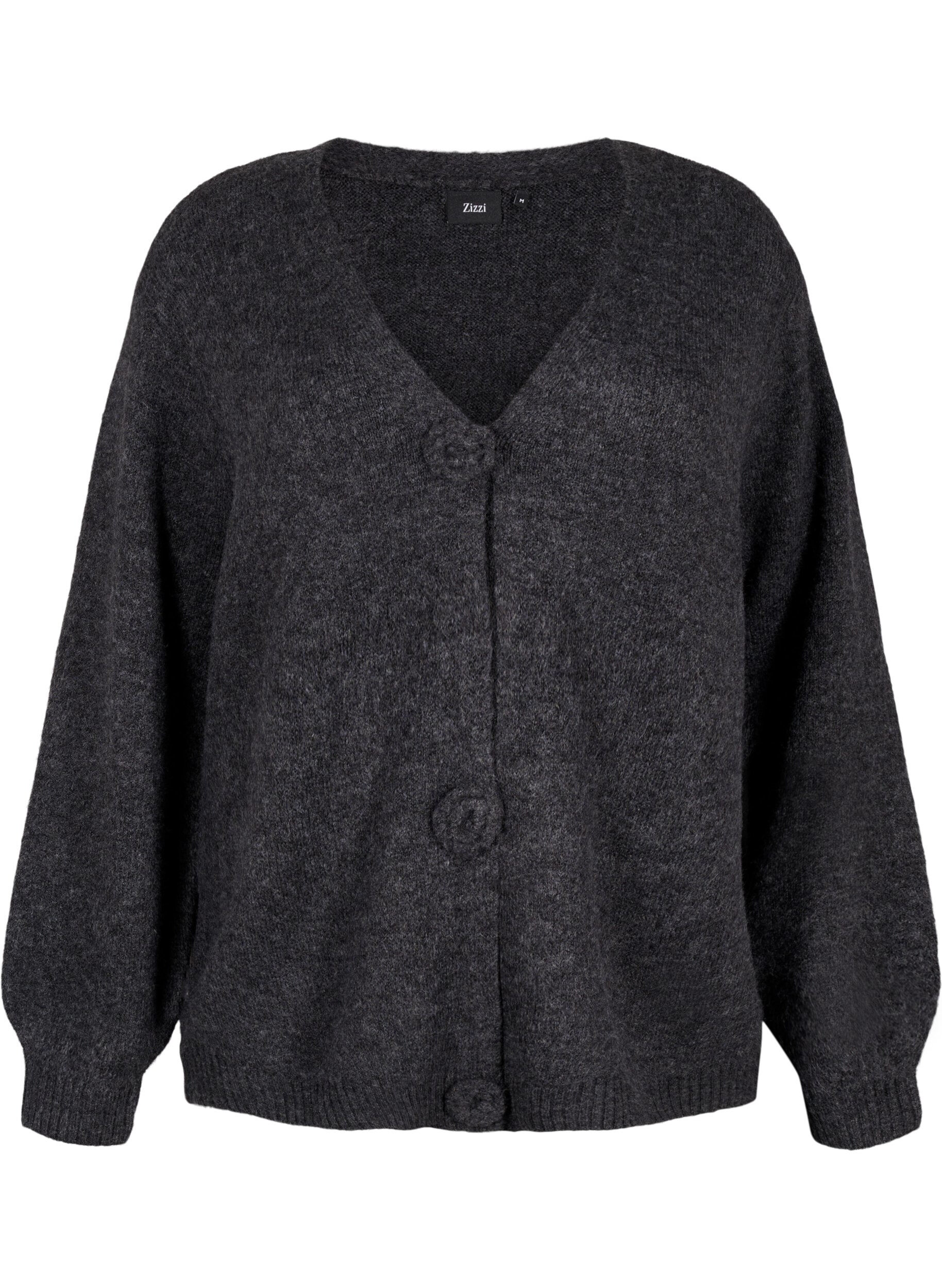 Zizzifashion Short knitted cardigan with flower buttons, Dark Grey Melange, Packshot image number 0