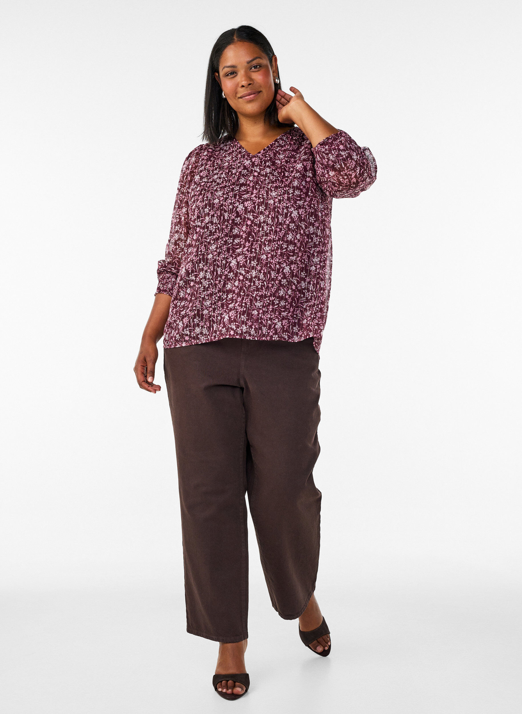 ZizzifashionBlouse with floral print and glitter thread, Red, Model image number 1