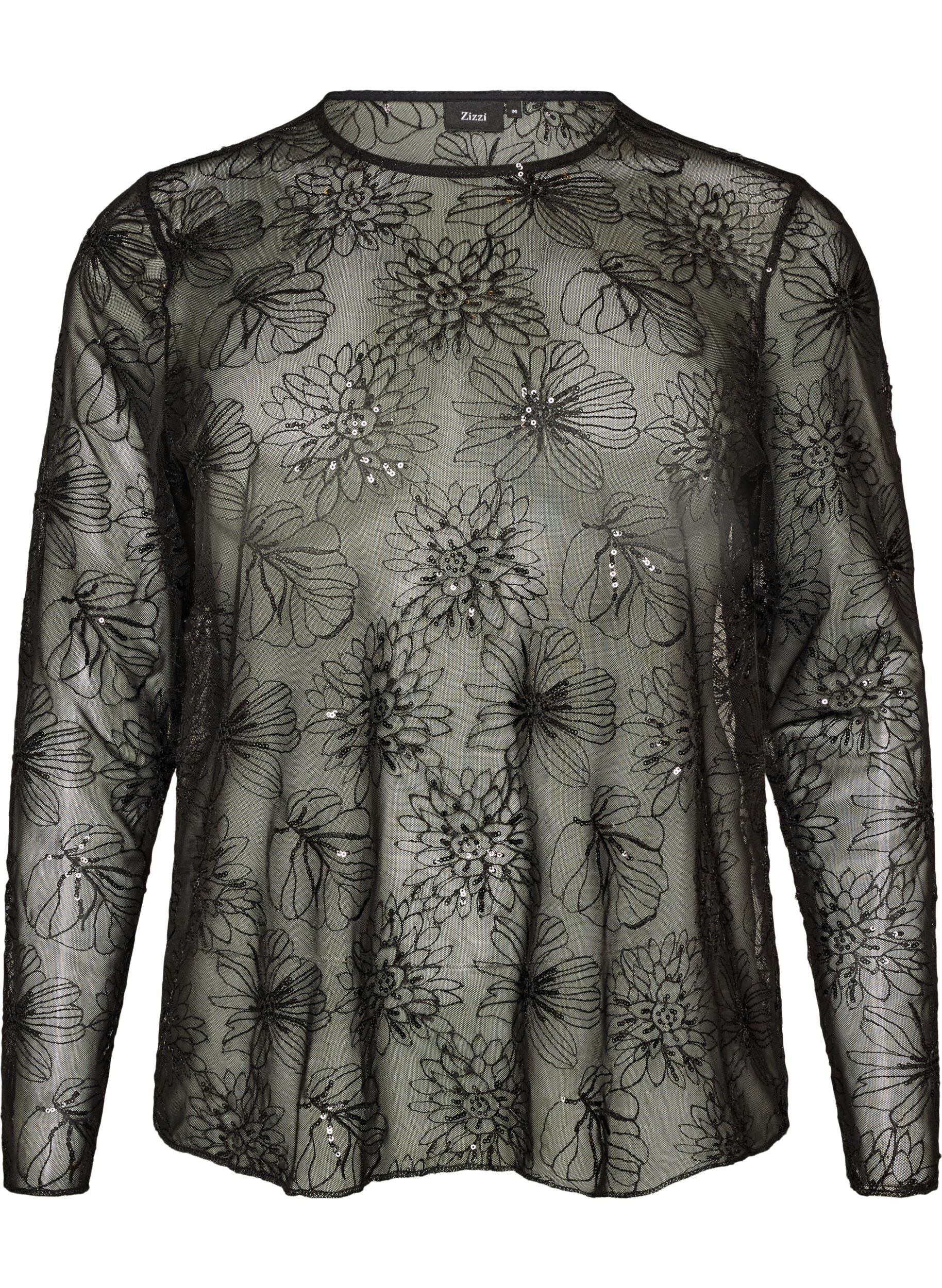 Mesh blouse with flowers and sequins