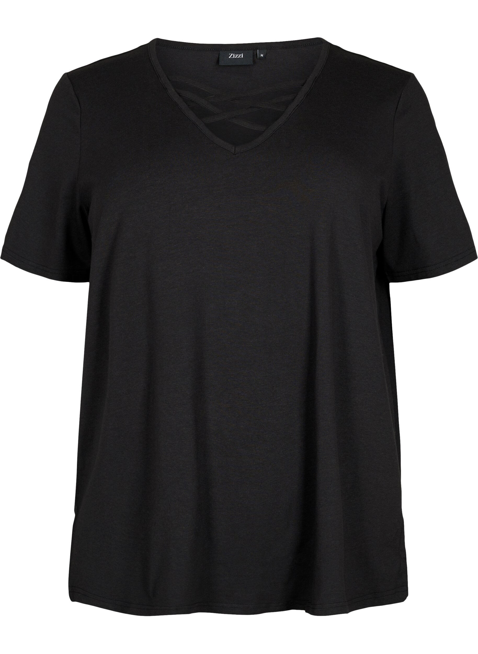 Zizzifashion T-shirt with v-neck and cross detail, Black, Packshot image number 0