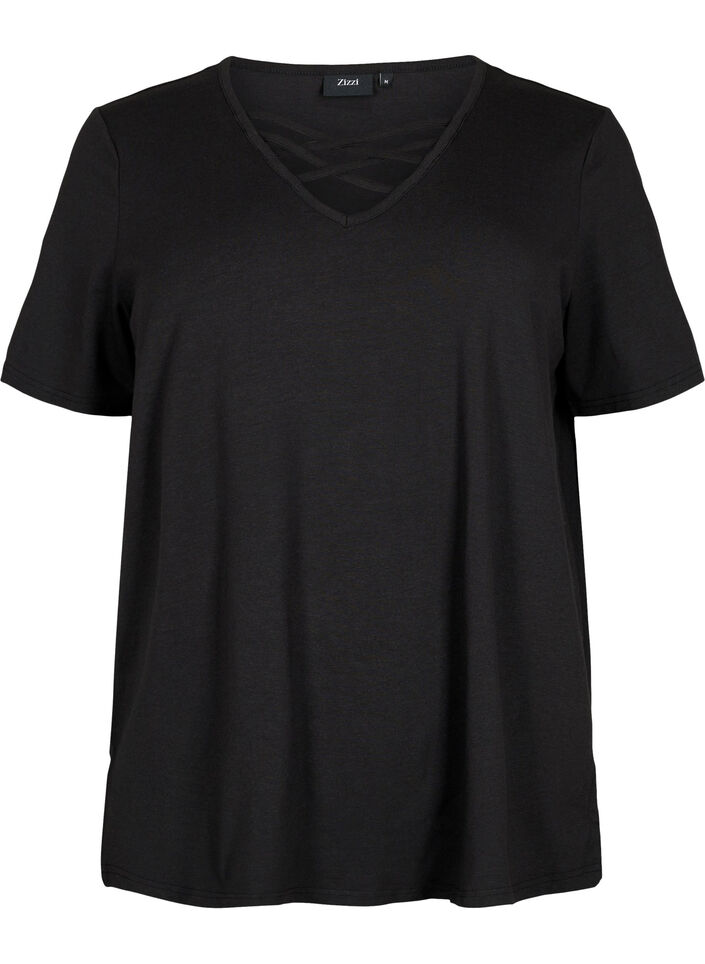 T-shirt with v-neck and cross detail, Black, Packshot image number 0