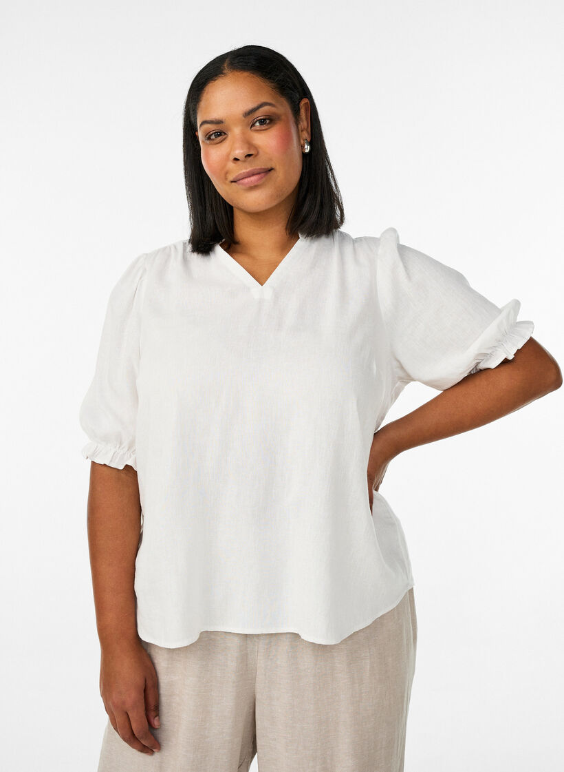Blouse in linen and viscose with 1/2 sleeves, White, Model image number 0