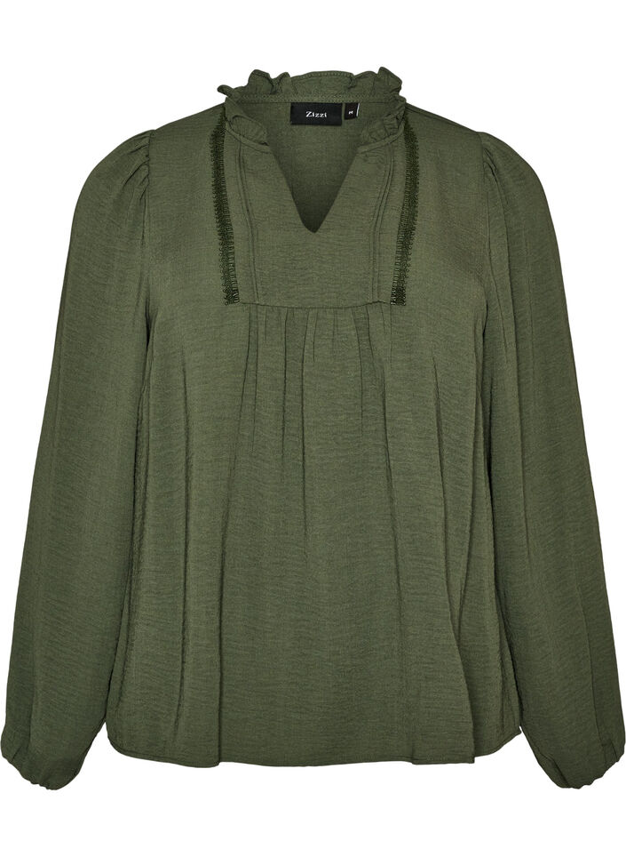 Blouse with V-neck and crochet trim, Green, Packshot image number 0