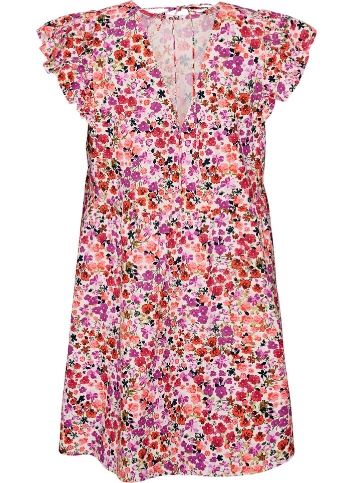 Floral cotton dress with ruffles and V-neck, Pink, Packshot image number 1