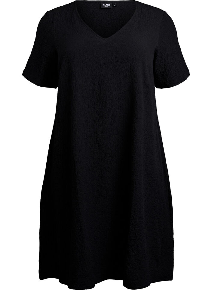 FLASH - Short-sleeved dress with V-neck, Black, Packshot image number 0