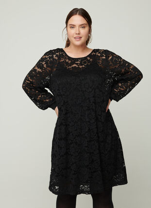 Long-sleeved lace dress with a round neck, Black, Model image number 0