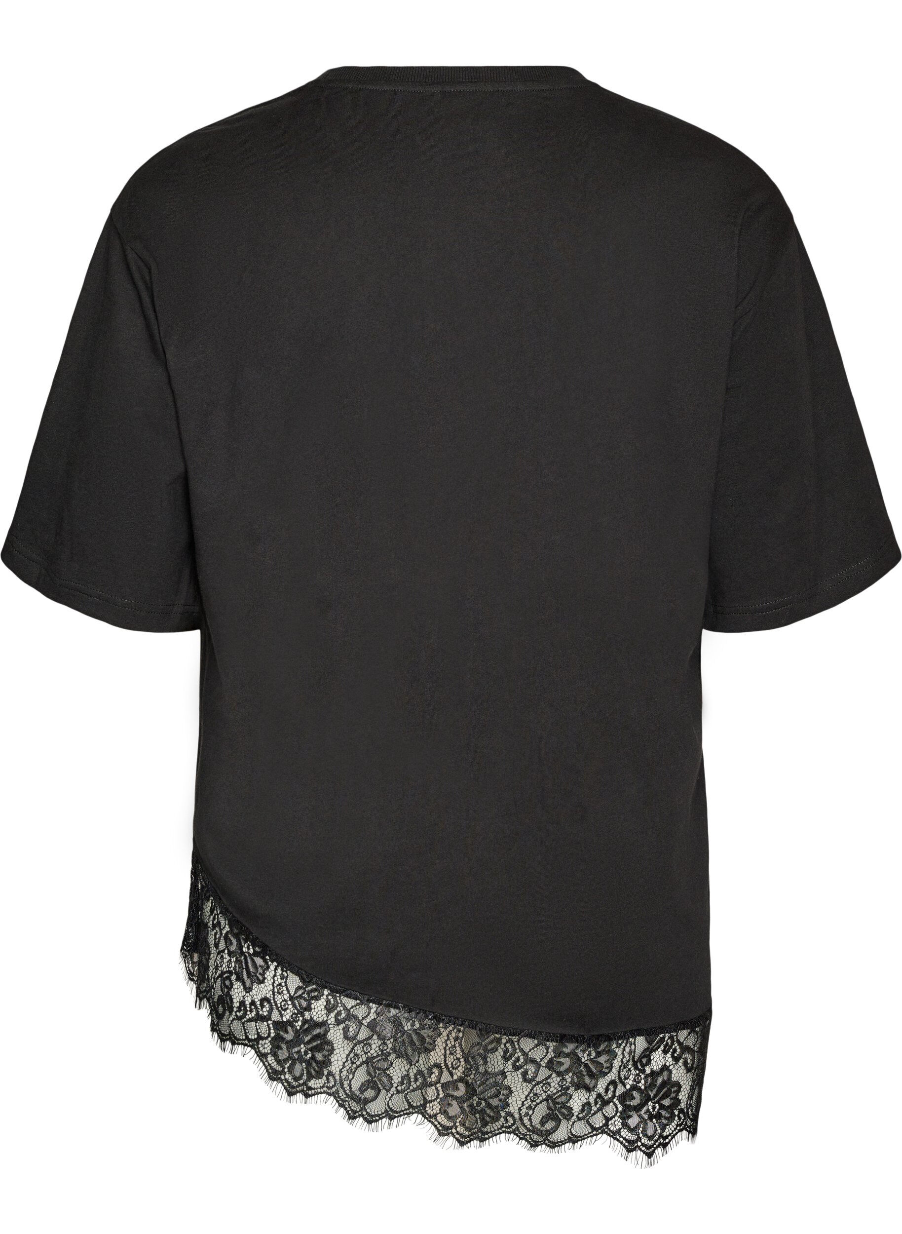 Zizzifashion T-shirt with asymmetric lace hem, Black, Packshot image number 1