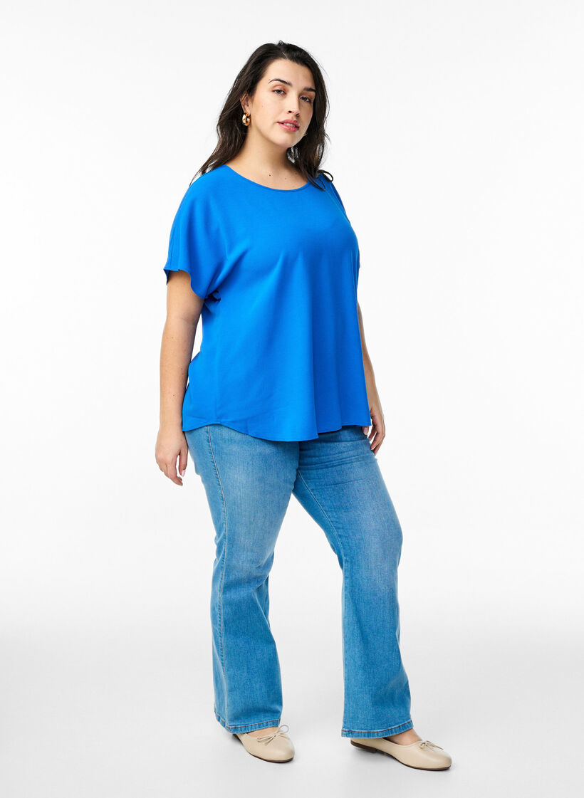 Blouse with short sleeves and a round neckline, Blue, Model image number 1