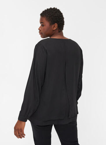 Long-sleeved v-neck blouse, Black, Model image number 1