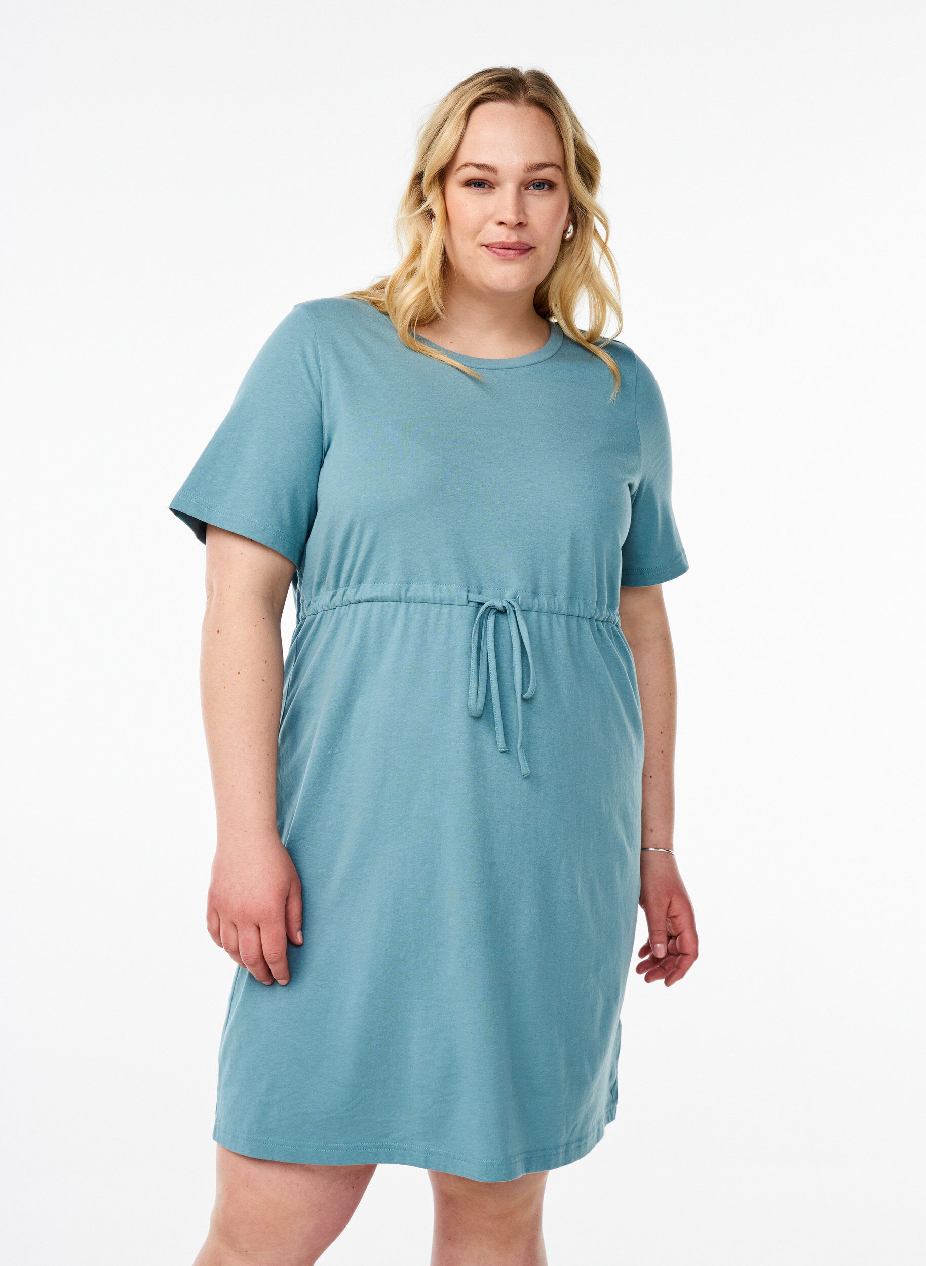 Zizzifashion FLASH - Short T-shirt dress with tie belt, Blue, Model image number 0