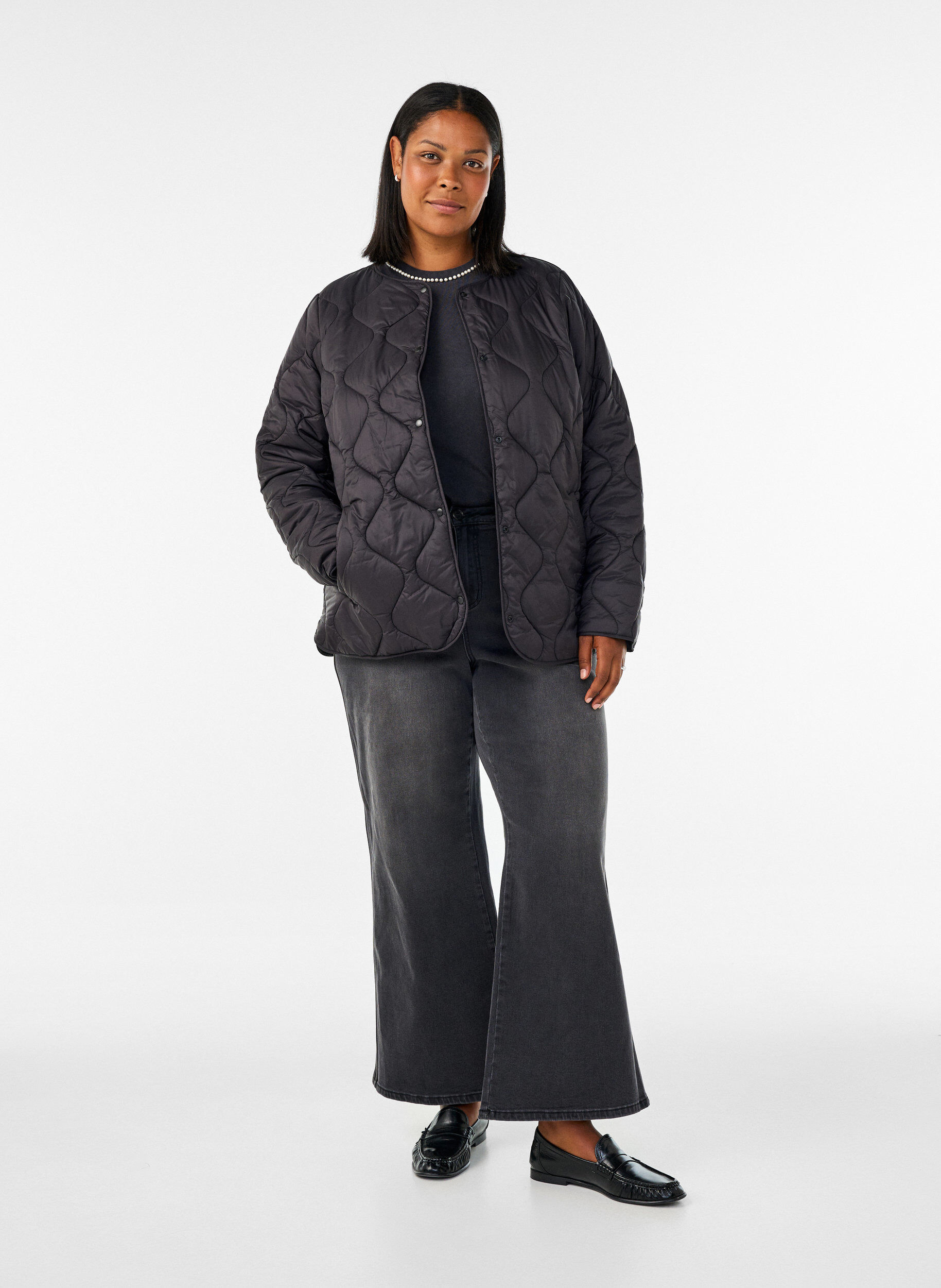 ZizzifashionQuilted jacket with press studs and round neck, Black, Model image number 1