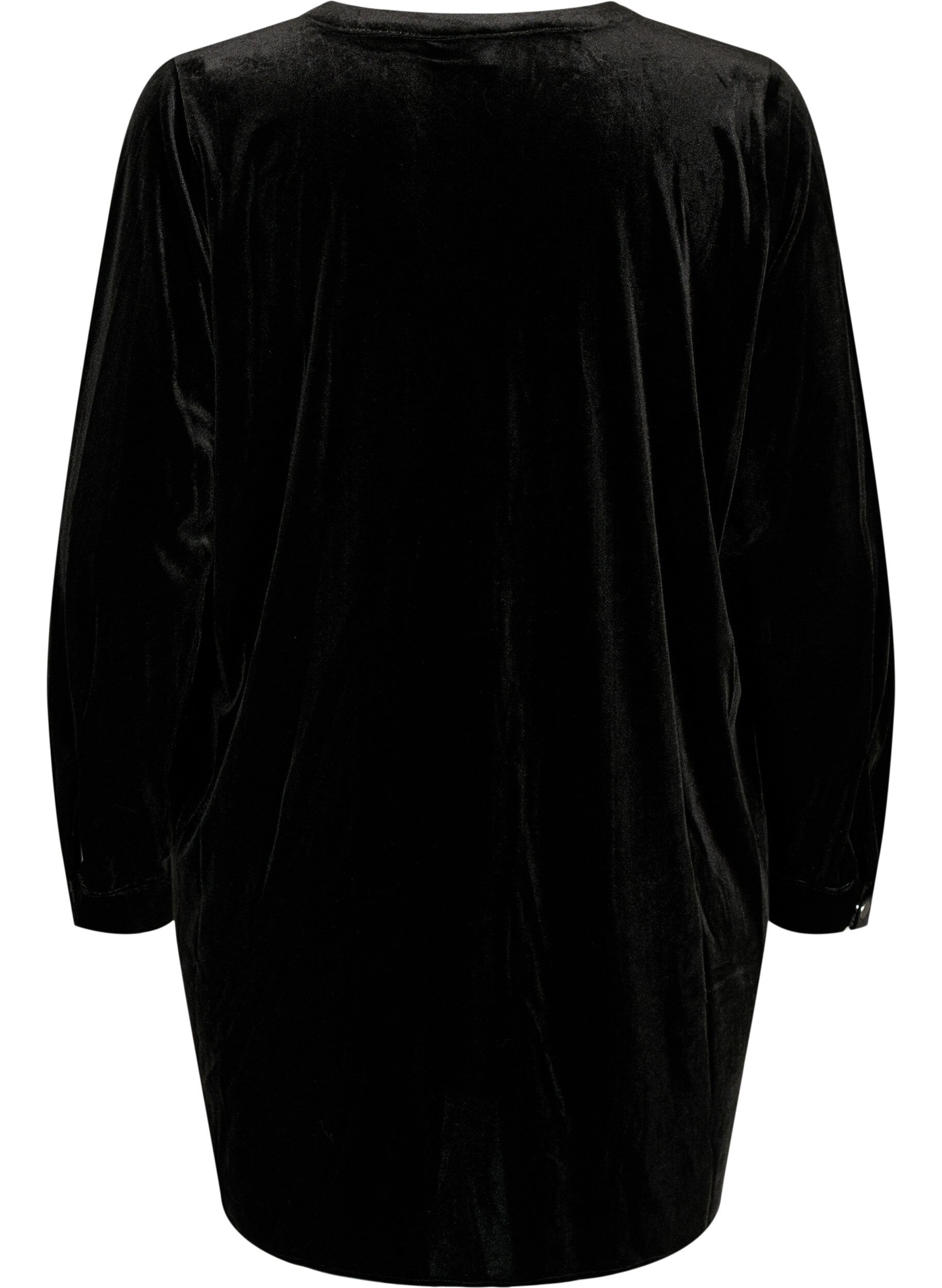 Zizzifashion Long sleeve velour dress with v-neck, Black, Packshot image number 1