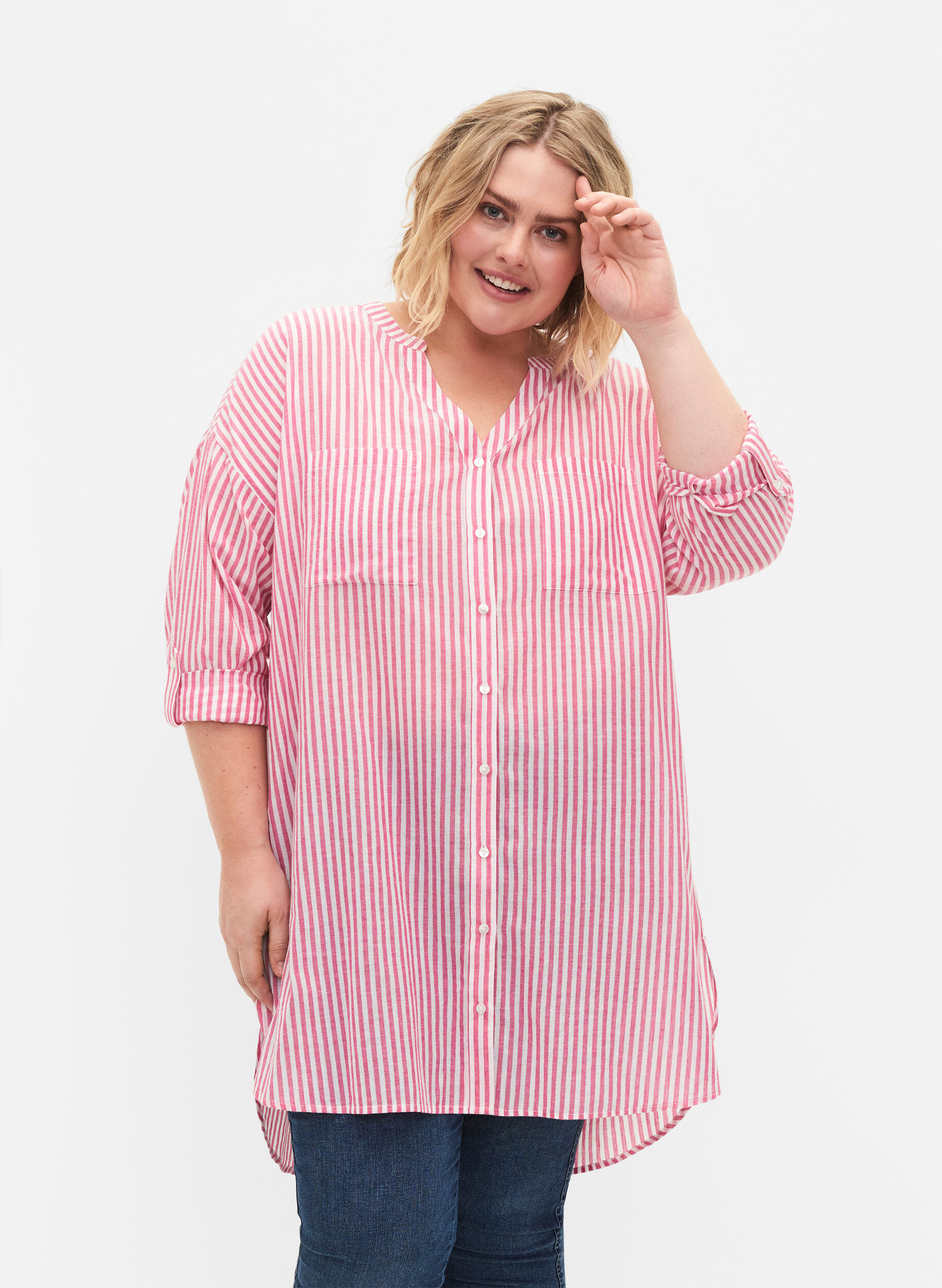 Zizzifashion Striped tunic with v neck and buttons, Beetroot Stripe, Model image number 0