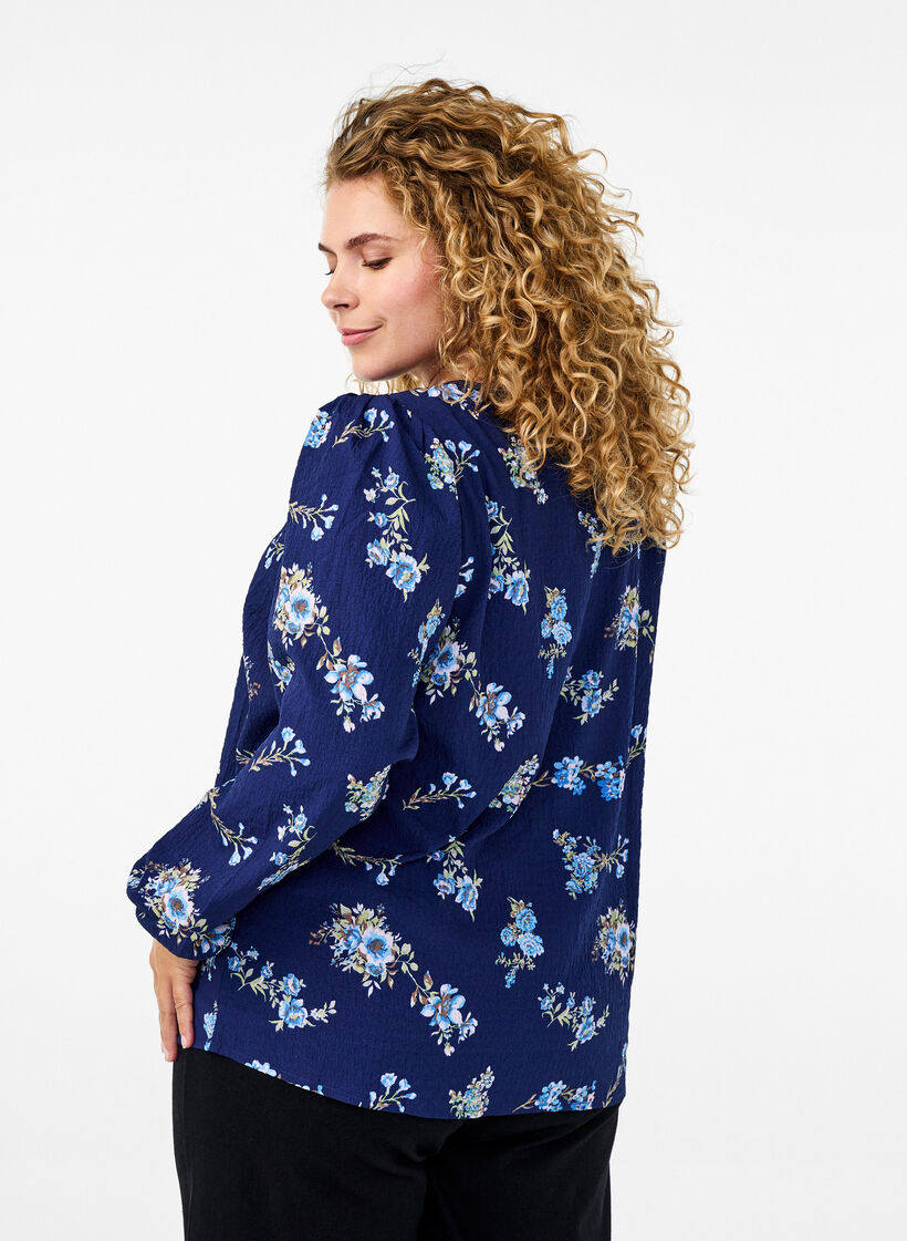 FLASH - Long-sleeved blouse with small flowers, Blue Flower, Model image number 1