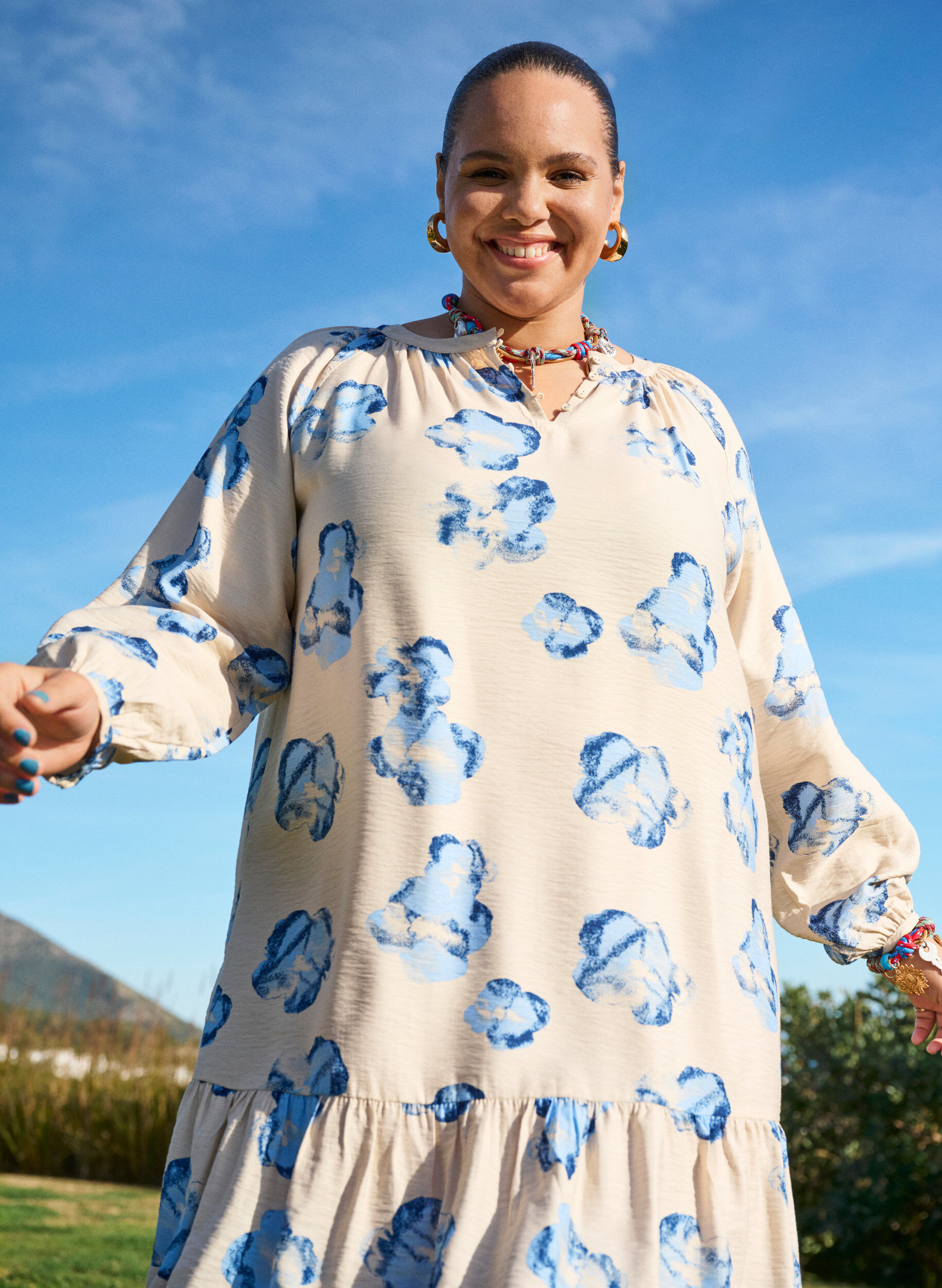 Zizzifashion Knee-length dress with long sleeves and an A-line cut, Vanilla, Image image number 0