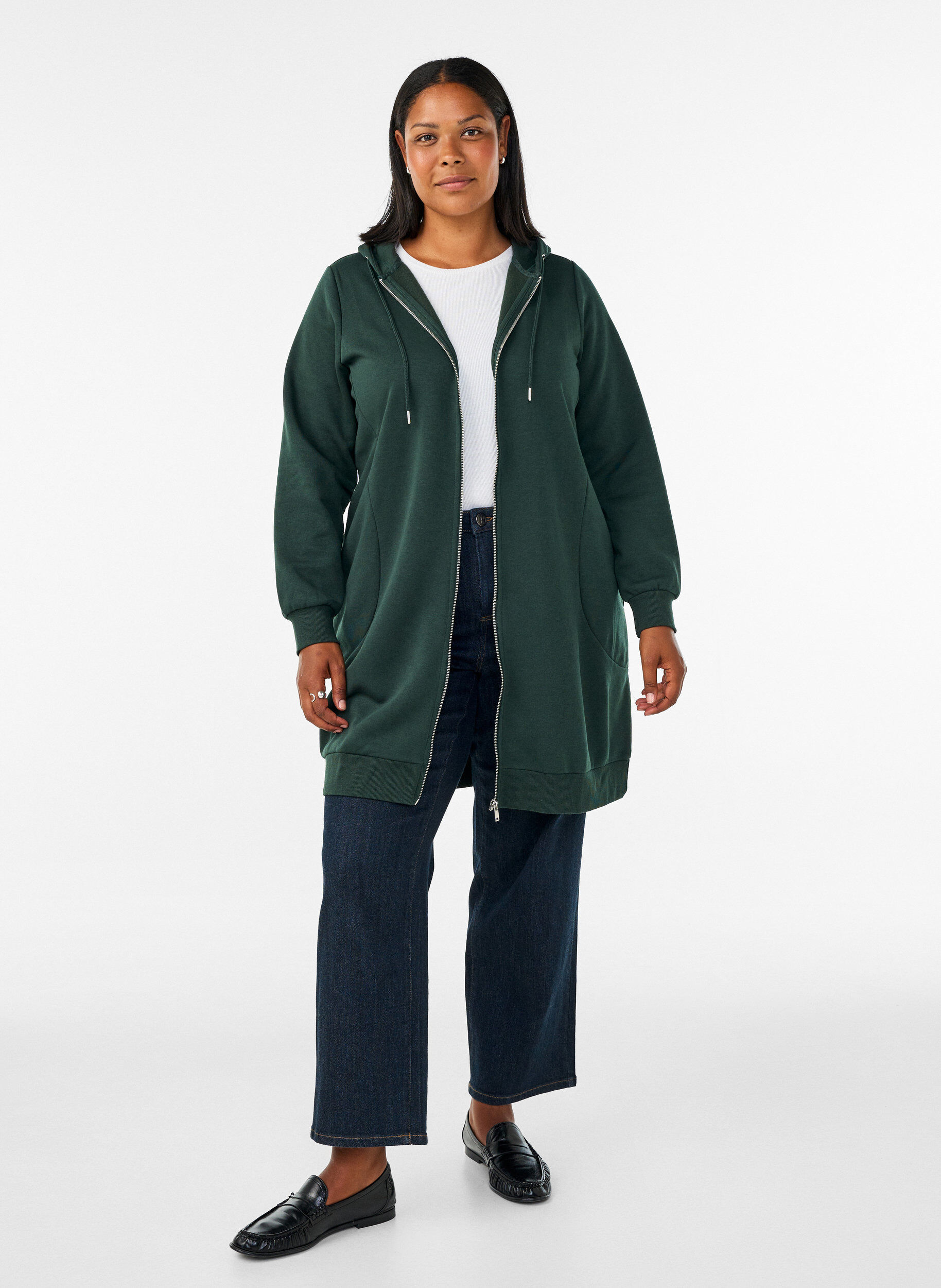 ZizzifashionLong hoodie with zip and pockets, Green, Model image number 1