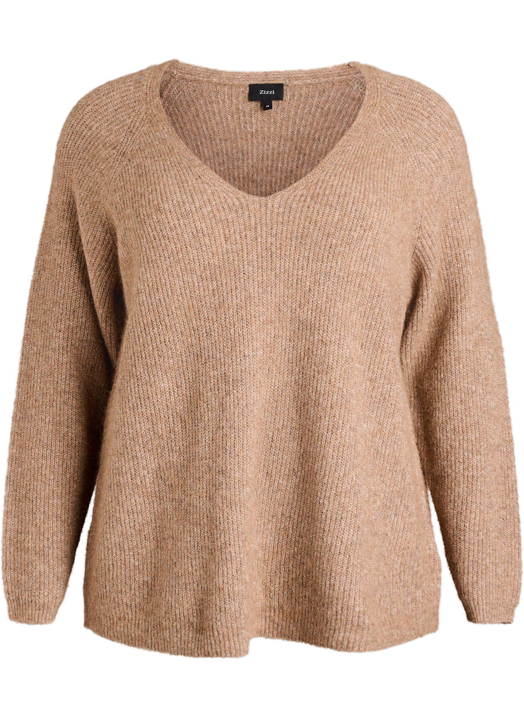 ZizzifashionKnitted blouse with V-neck and raglan sleeves, Brown, Packshot image number 0