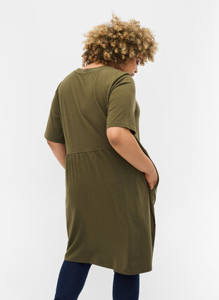 Short sleeve cotton dress with pleated skirt, Ivy Green, Model image number 1