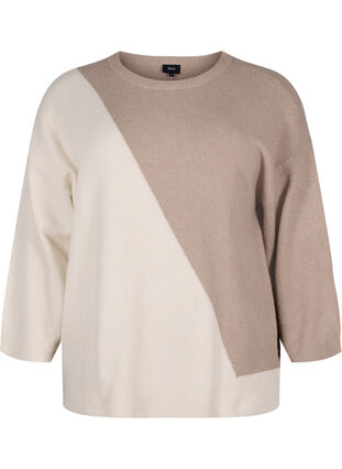 Knitted blouse with round neck and colorblock, Simply Taupe Comb, Packshot image number 0