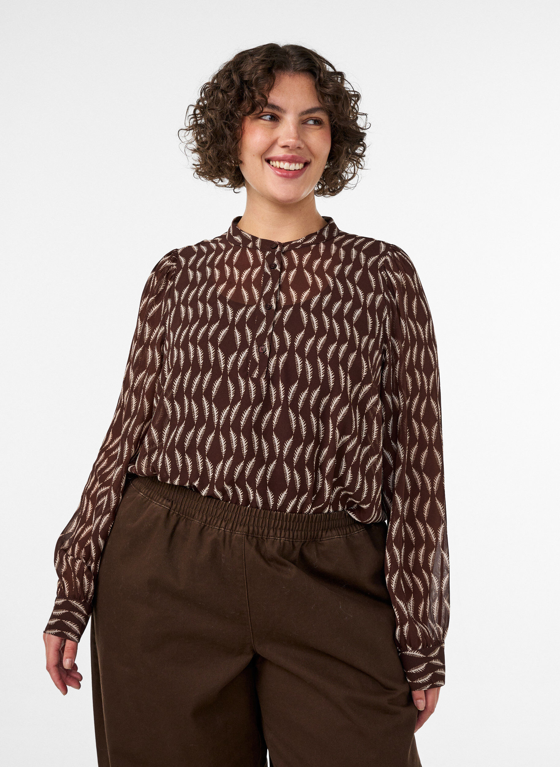 ZizzifashionBlouse with all-over print and short button placket, Brown, Model image number 0