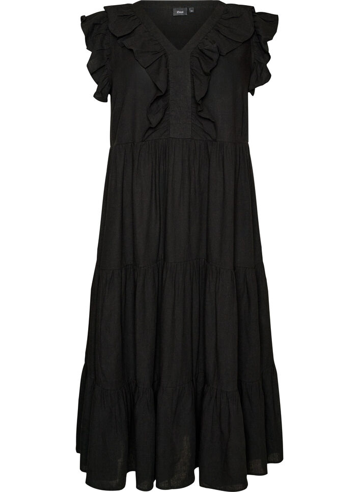 Sleeveless midi dress in linen and viscose with ruffles, Black, Packshot image number 0