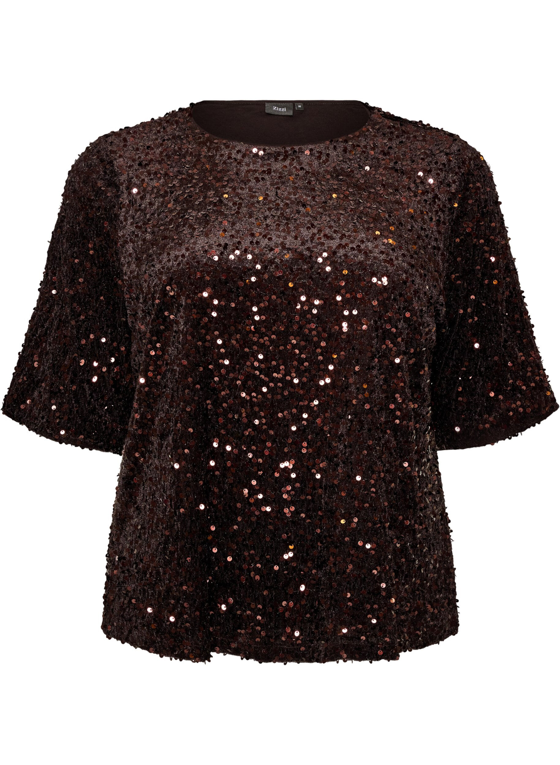 ZizzifashionSequin blouse with elbow-length sleeves, Brown, Packshot image number 0