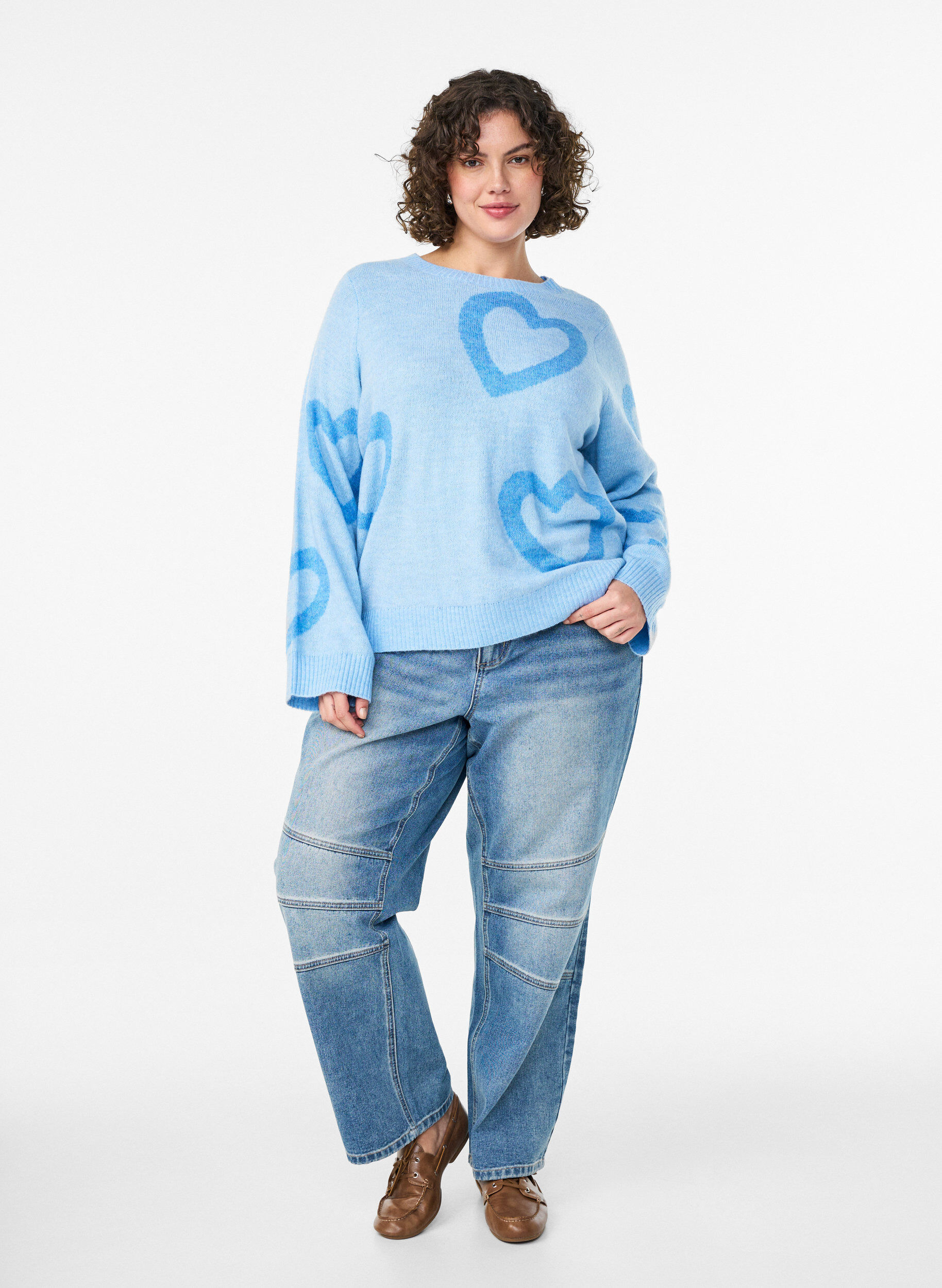 Zizzifashion Knit blouse with large hearts and round neckline, Blue, Model image number 1