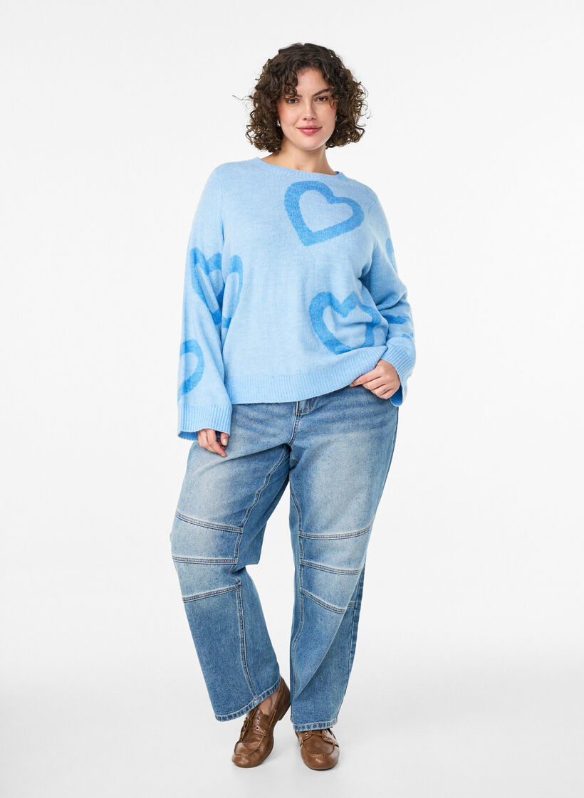 Knit blouse with large hearts and round neckline, Blue, Model image number 1