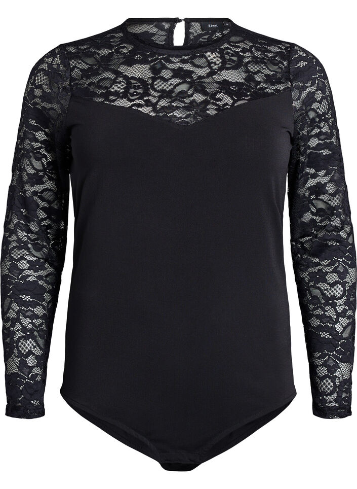 Fitted body with lace sleeves, Black, Packshot image number 0