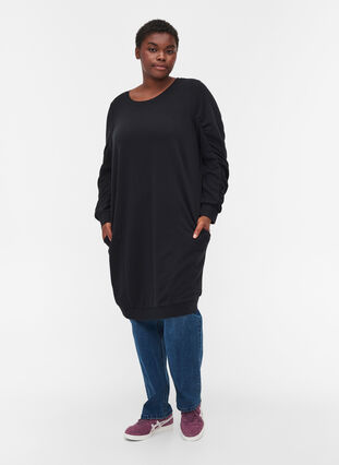 Sweatshirt dress with pockets and ruched sleeves, Black, Model image number 2