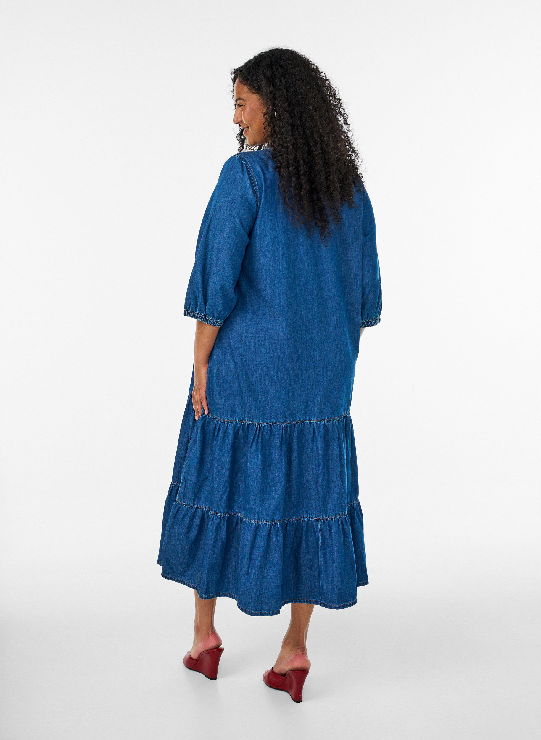 ZizzifashionDenim maxi dress with frilled tiers, Blue, Model image number 1