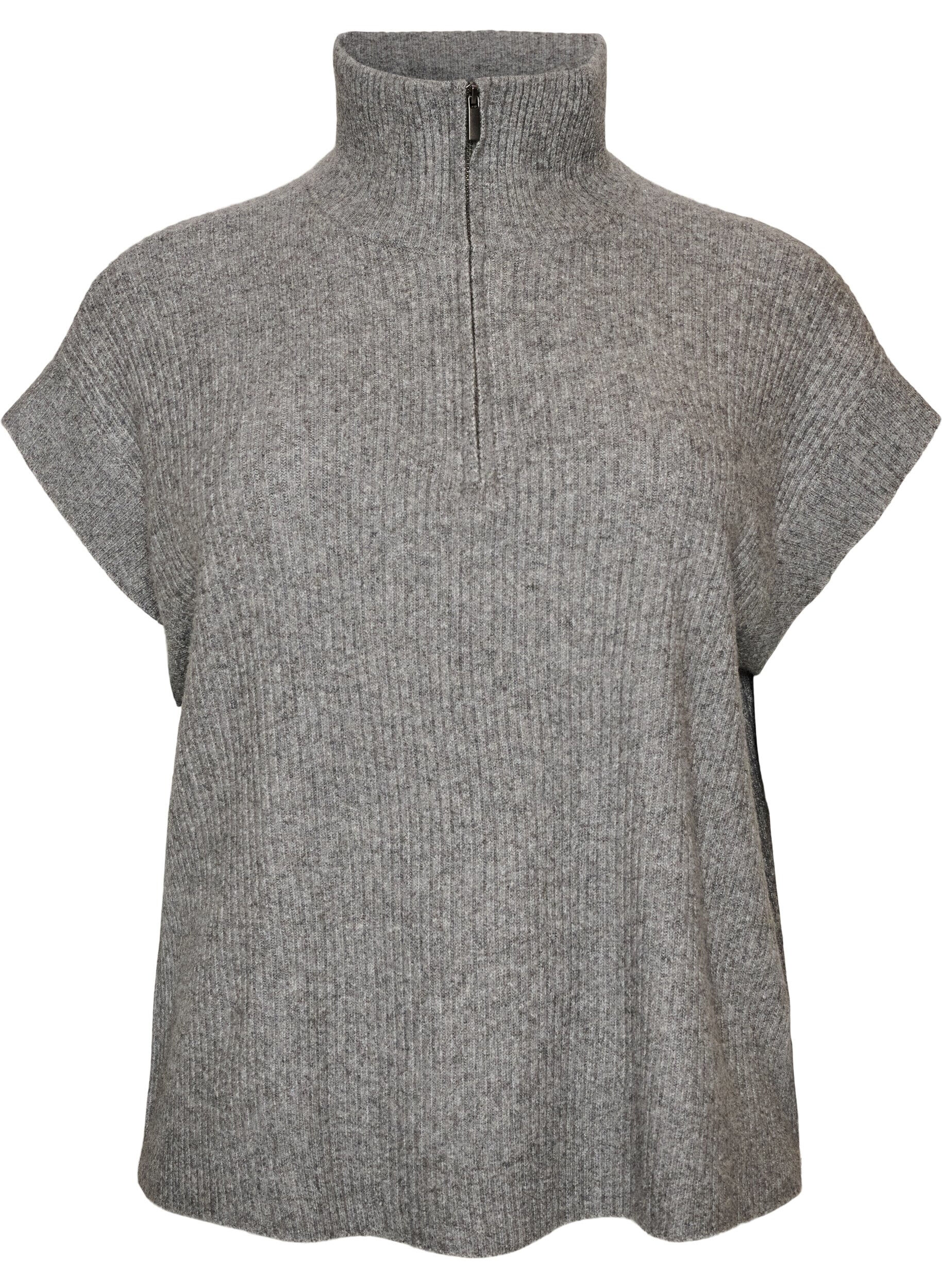 ZizzifashionKnitted vest with a high collar and short zip, Grey, Packshot image number 0