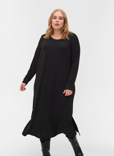 Plain dress with long sleeves and slit, Black, Model image number 0