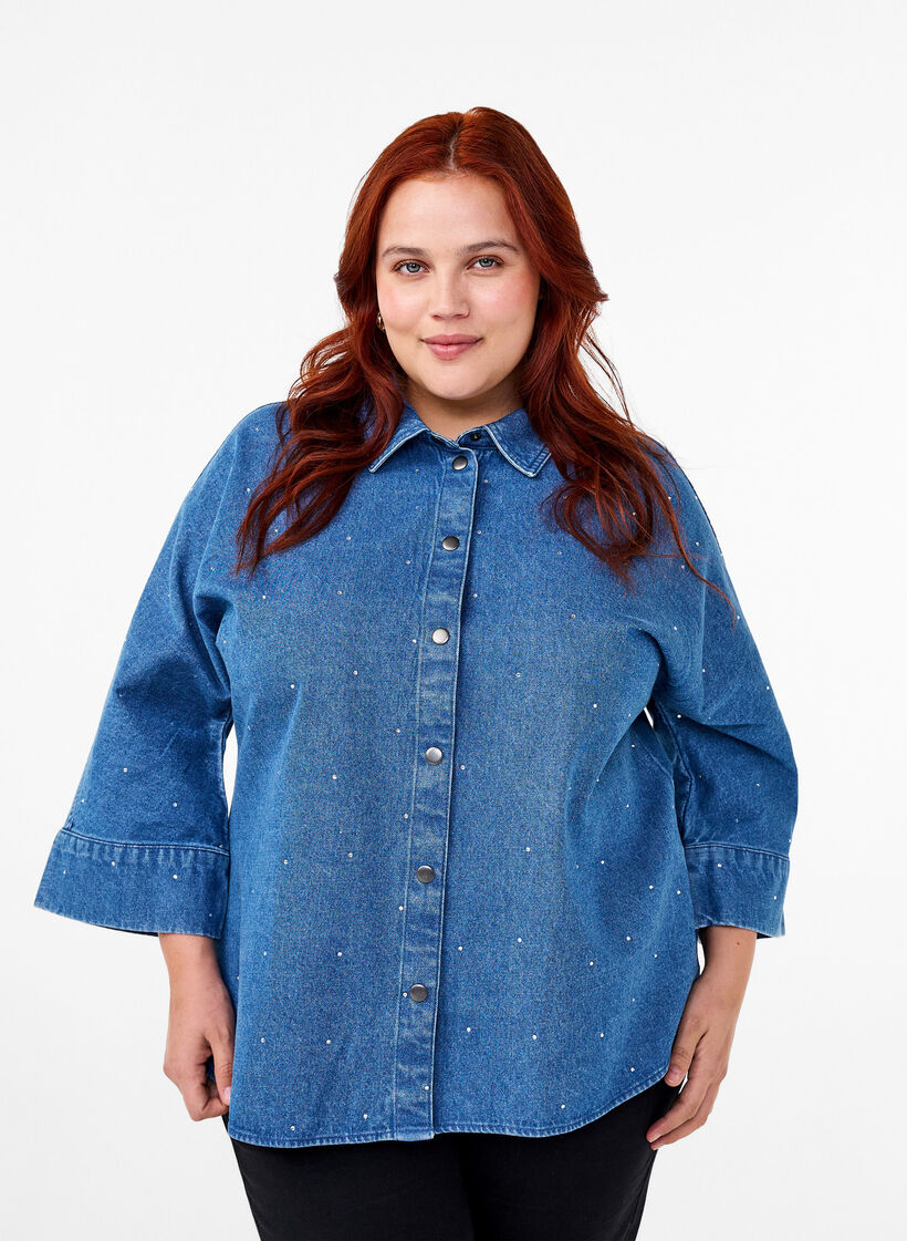 Denim shirt with rhinestones and 3/4 sleeves, Bl. Denim Rhinestone, Model image number 0