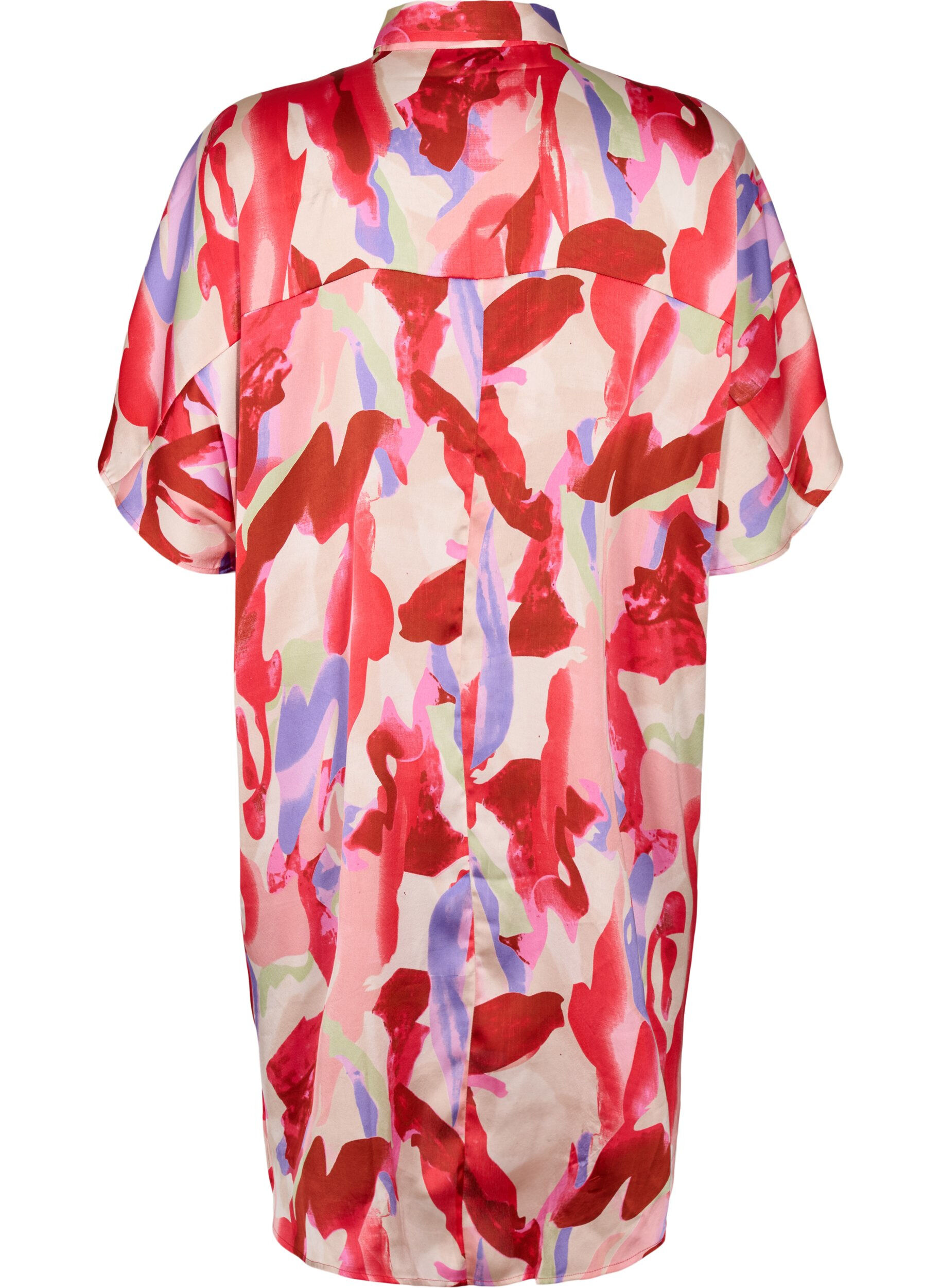 Zizzifashion Long satin shirt with print, Geranium Graphic AOP, Packshot image number 1