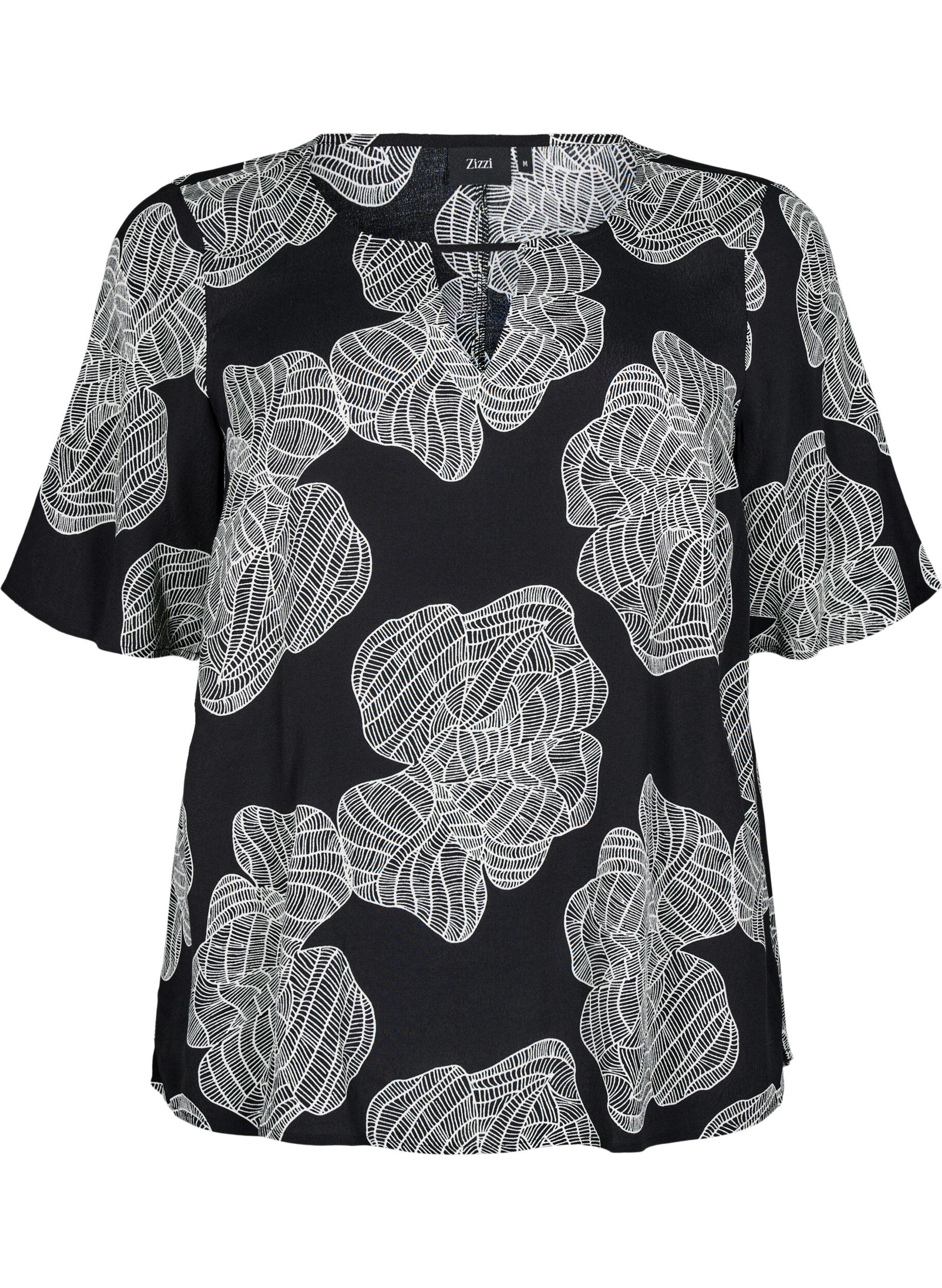Zizzifashion Short sleeve viscose Blouse with print, Black, Packshot image number 0