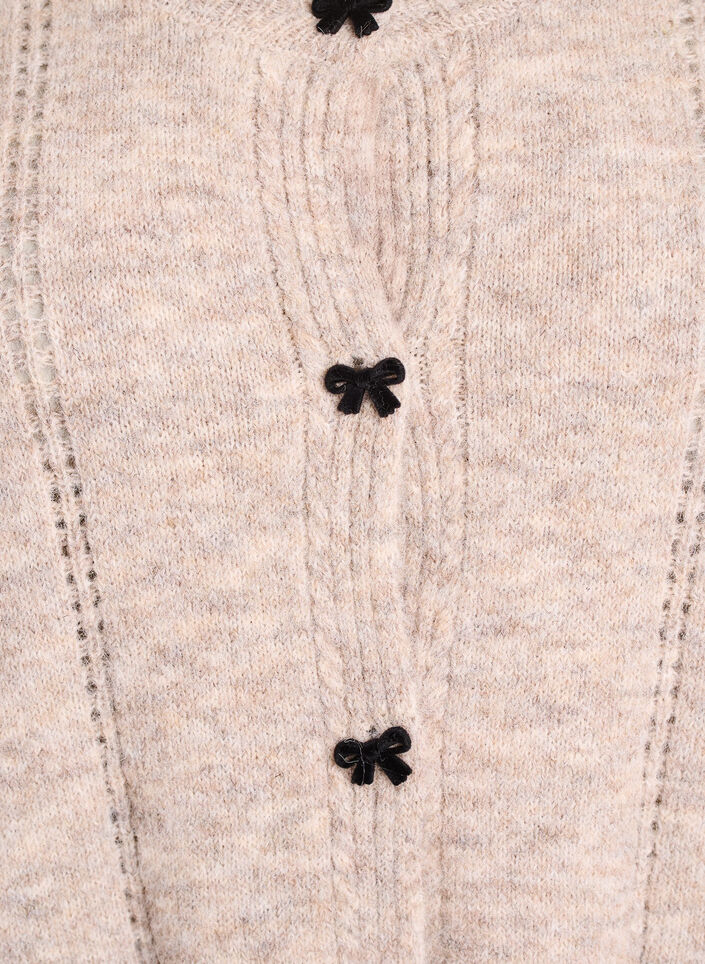 Cardigan with bow buttons and openwork pattern, Beige, Packshot image number 2