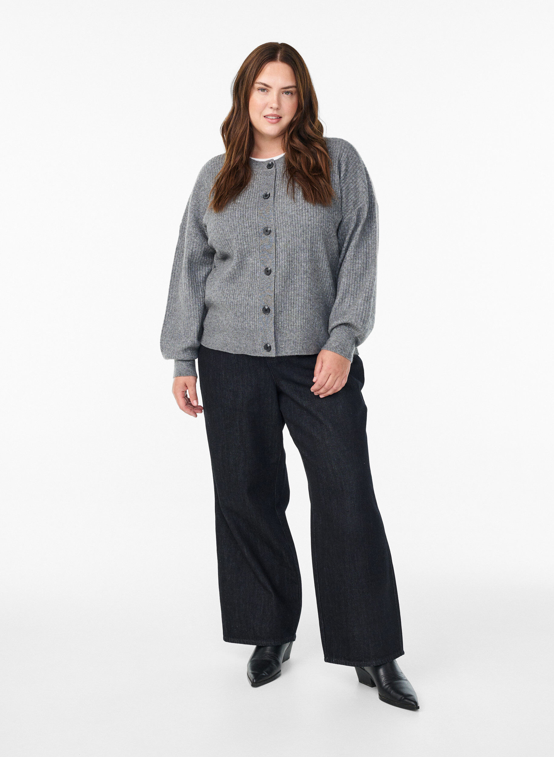 Zizzifashion Ribbed cardigan with buttons, Grey, Model image number 1