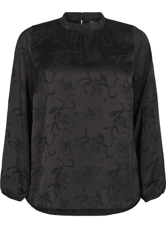 Satin blouse with tone-on-tone pattern, Black, Packshot image number 0