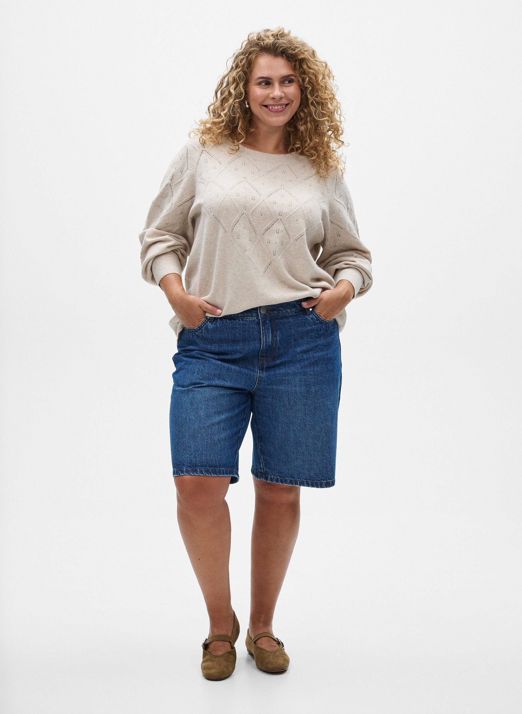 Zizzifashion Knitted top with openwork pattern and balloon sleeves, Beige, Model image number 1