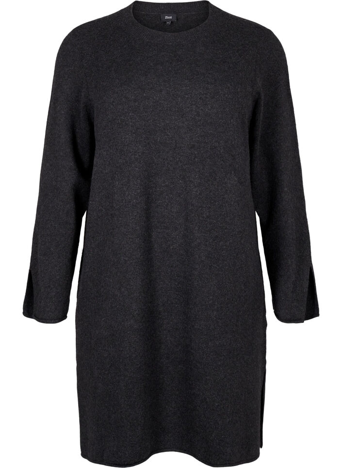 Knitted dress with a round neck and slit, Dark Grey Melange, Packshot image number 0