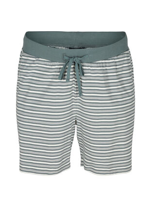 Loose Cotton Shorts with Stripes, Balsam Green w.Egret, Packshot image number 0