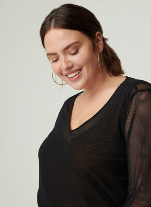 Long-sleeves blouse with lurex and a V-neck, Black, Model image number 2