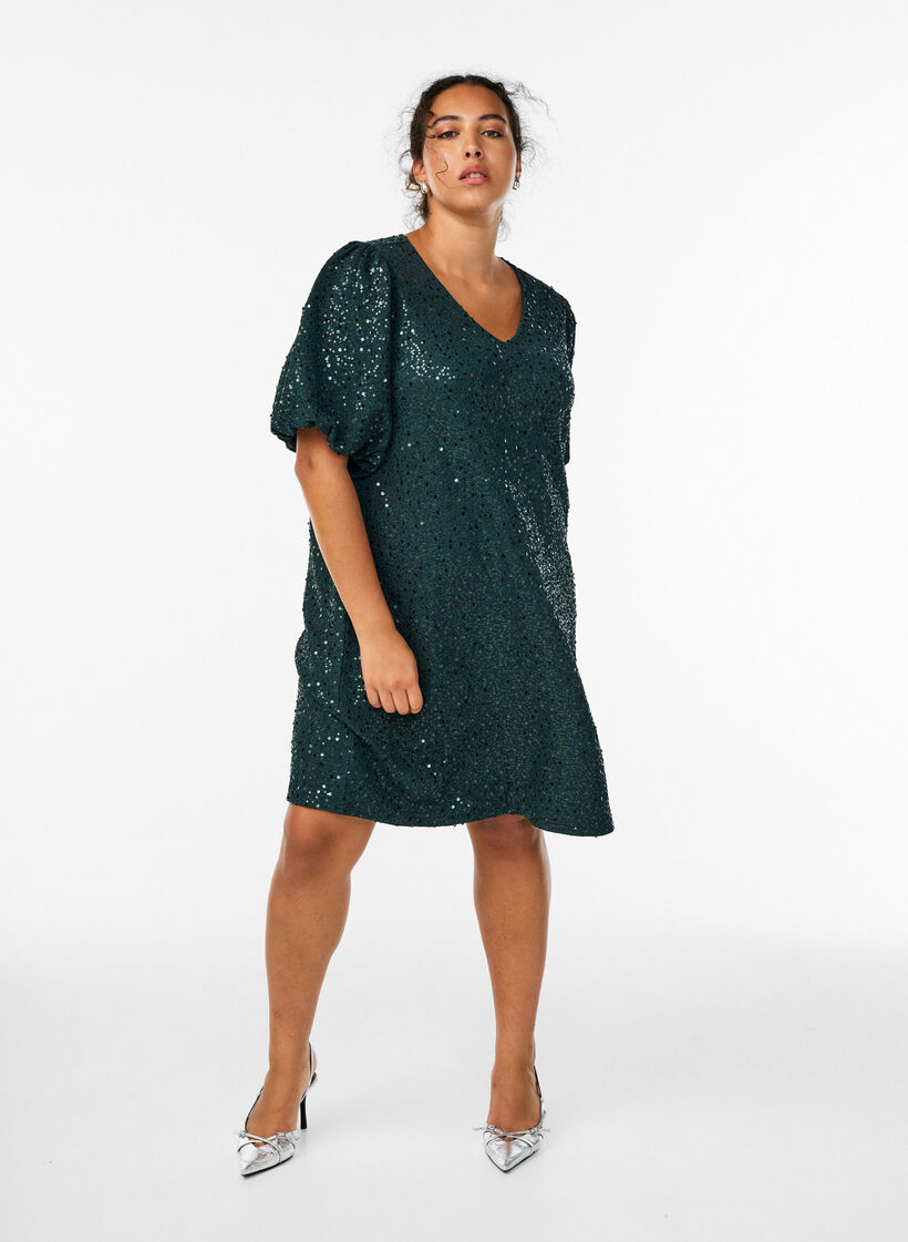 Short sequin dress with puff sleeves, Green, Model image number 0