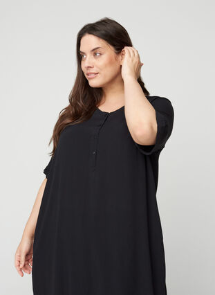 Short-sleeved viscose dress with print, Black, Model image number 1