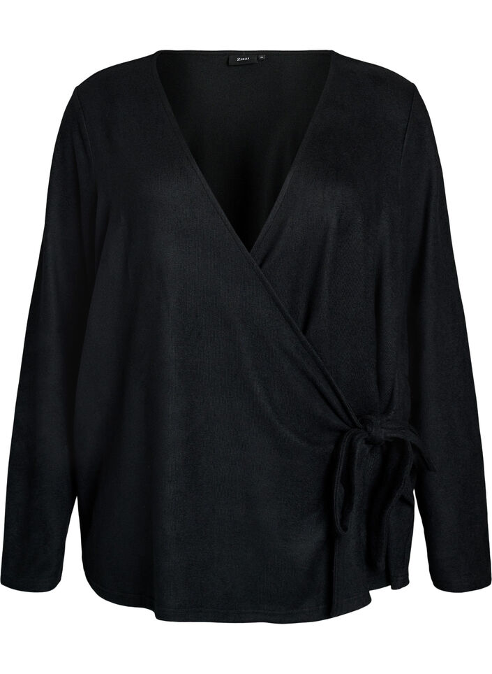 Jersey wrap blouse with a tie-fastening, Black, Packshot image number 0
