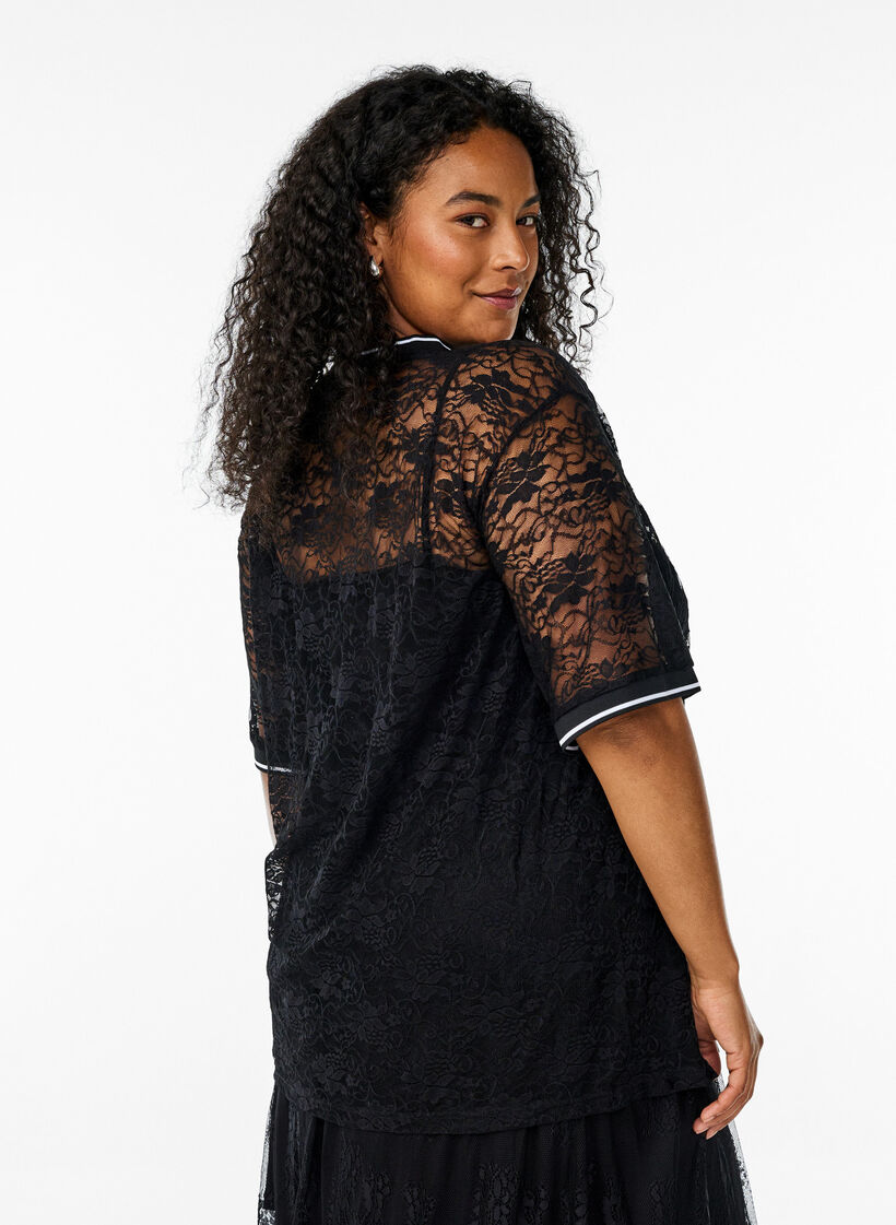 Sporty lace t-shirt with a loose fit, Black, Model image number 2